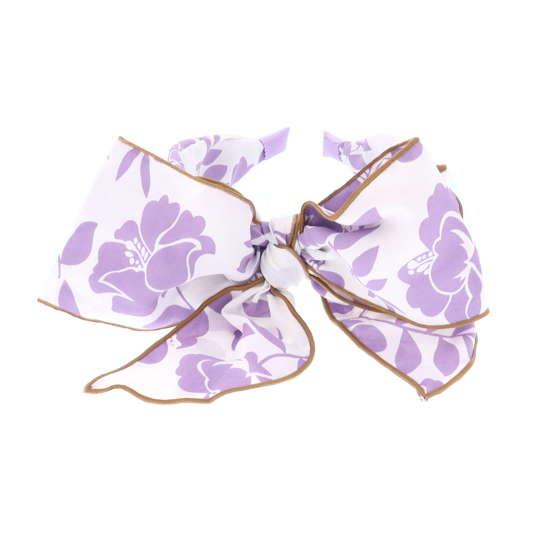 Women's Floral Print Wired Bow Headband White With Purple Flowers