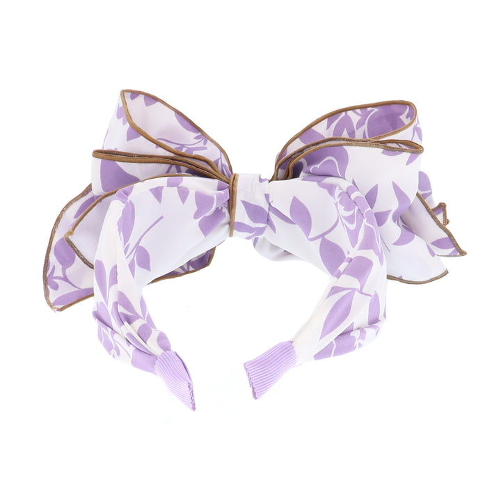 Women's Floral Print Wired Bow Headband White With Purple Flowers