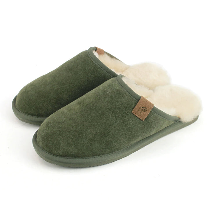 Men's Sheepskin Lined Mule Slippers In Olive