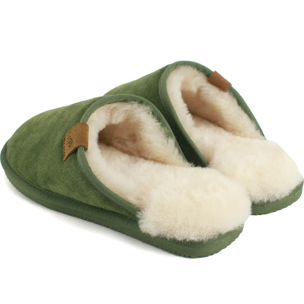 Men's Sheepskin Lined Mule Slippers In Olive