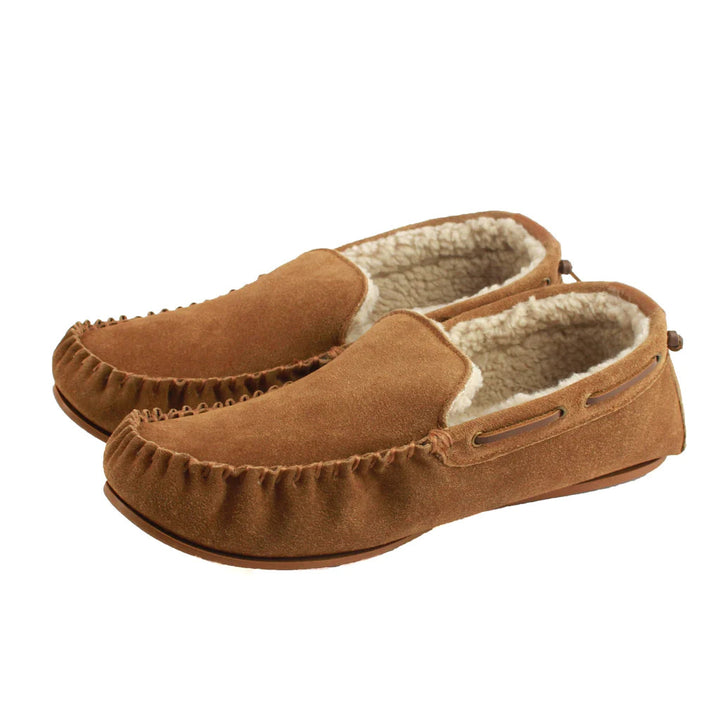 Men's Suede Moccasin Slippers In Chestnut