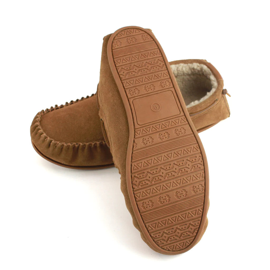 Men's Suede Moccasin Slippers In Chestnut