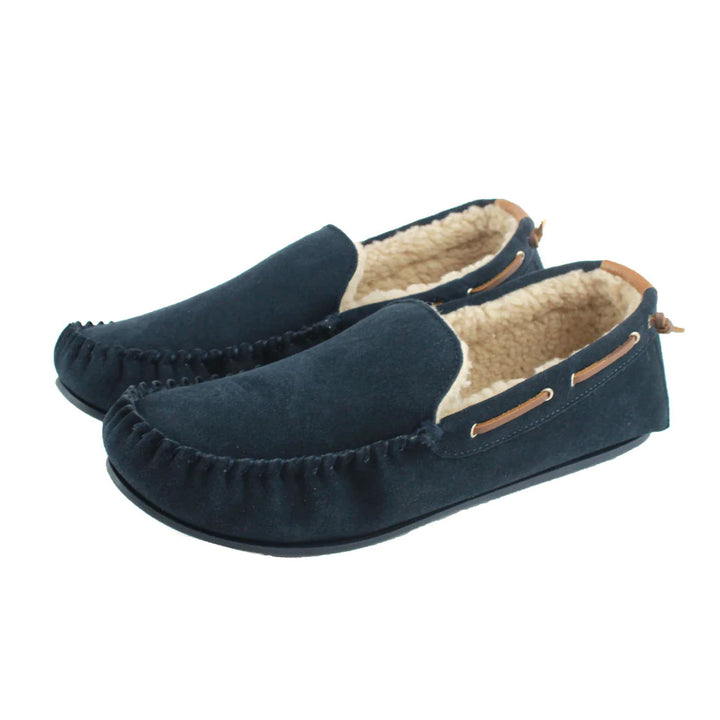 Men's Suede Moccasin Slippers In Navy