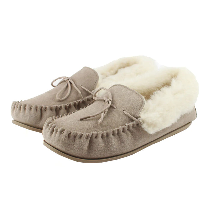 Women's Suede Wool Lined Moccasin Slippers In Stone