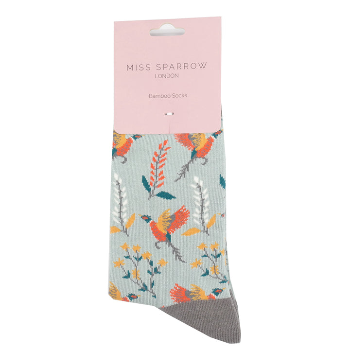 Miss Sparrow Bamboo Pheasants & Flowers Socks (Duck Egg)