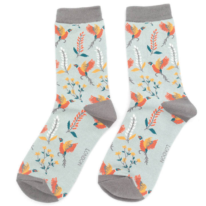 Miss Sparrow Bamboo Pheasants & Flowers Socks (Duck Egg)