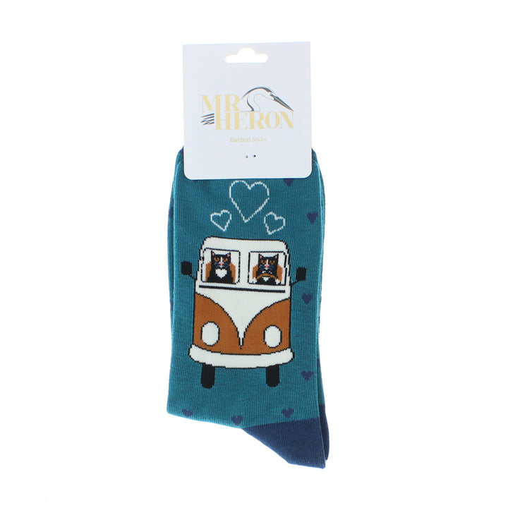 Mr Heron Mens Bamboo Road Trip Cat Socks (Teal)