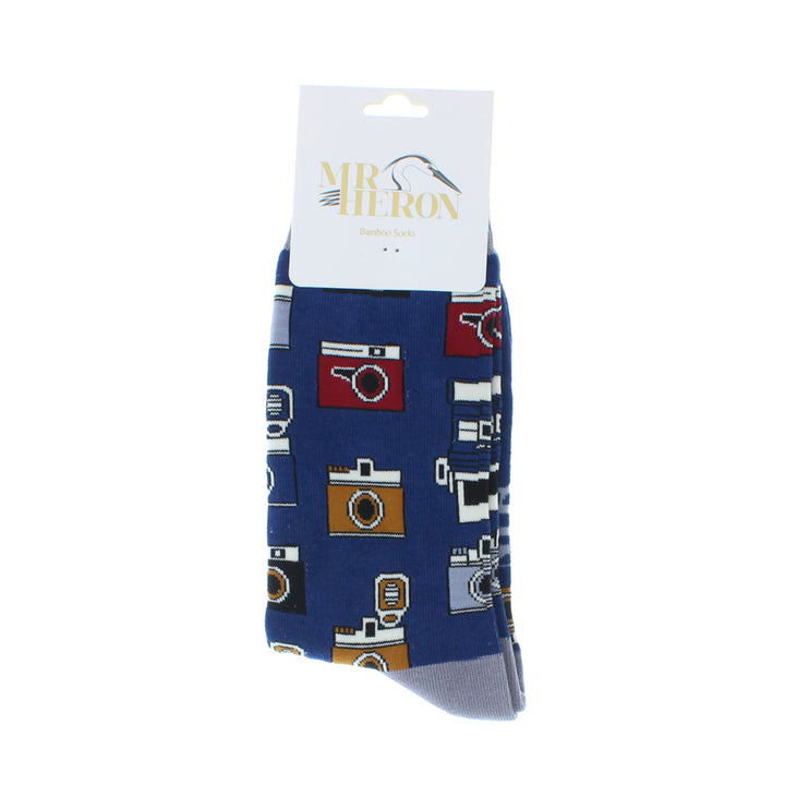 Mr Heron Mens Bamboo Retro Camera Socks (Navy)