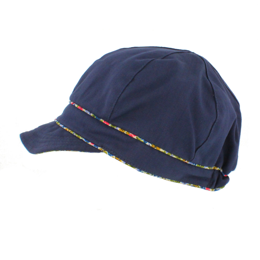 Ladies Cotton Sun Cap With Floral Printed Trim In Navy