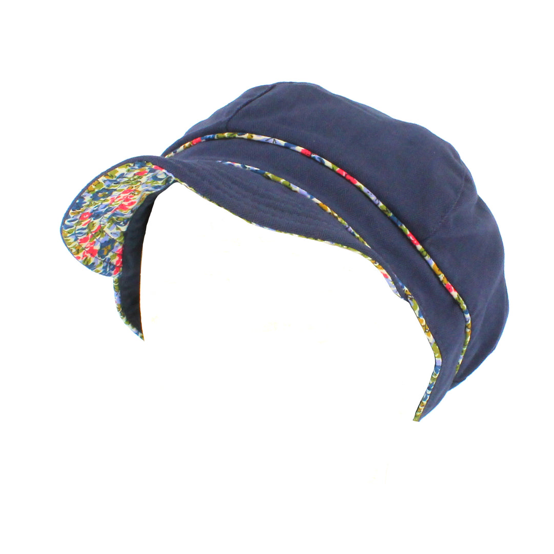 Ladies Cotton Sun Cap With Floral Printed Trim In Navy