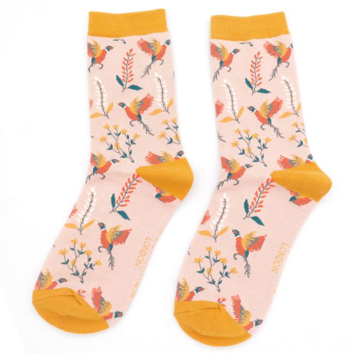 Miss Sparrow Bamboo Pheasant & Flowers Socks (Dusky Pink)