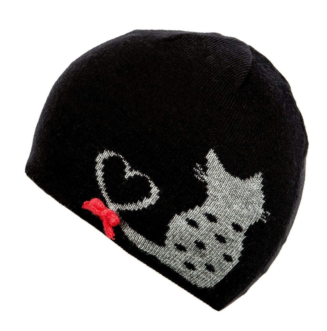Flossy Black Knitted Jaquard Cat Black Beanie Hat