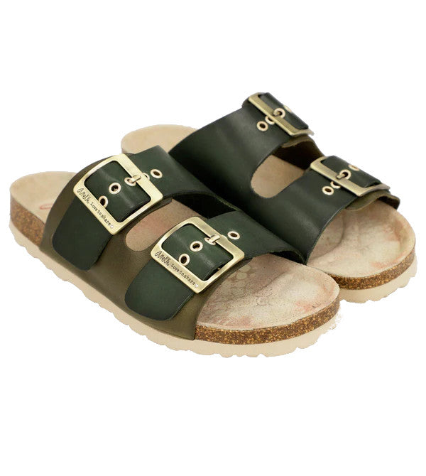 Anekke Black and Olive Leather Bio Buckle Sandals