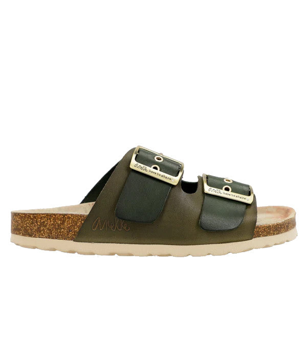 Anekke Black and Olive Leather Bio Buckle Sandals