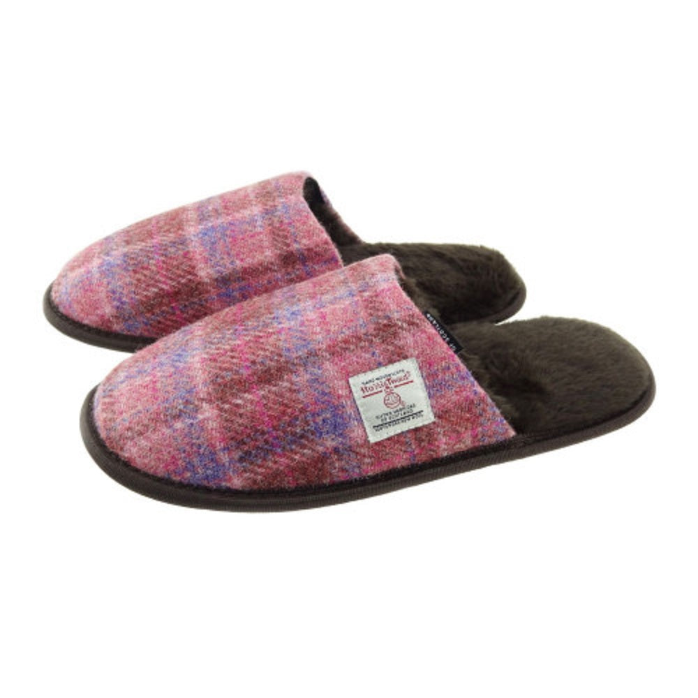 Glen Appin Harris Tweed Slippers in Pink Check