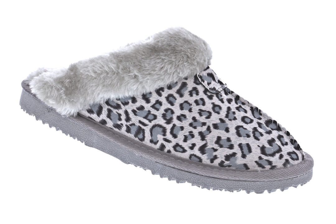 Ella Jill Fur Lined Memory Foam Mules Slippers In Leopard/Grey