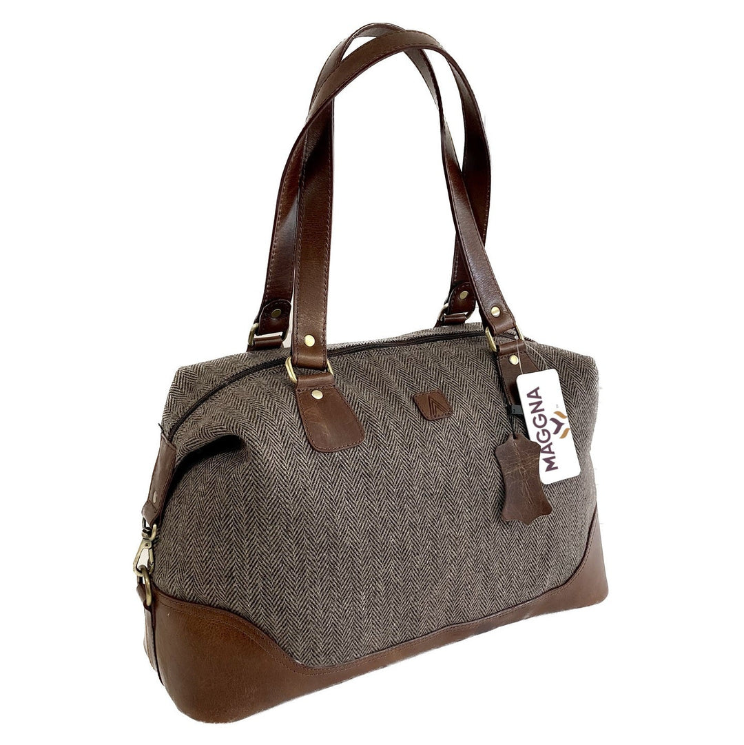Brown Herringbone & Leather Travel Overnight Bag