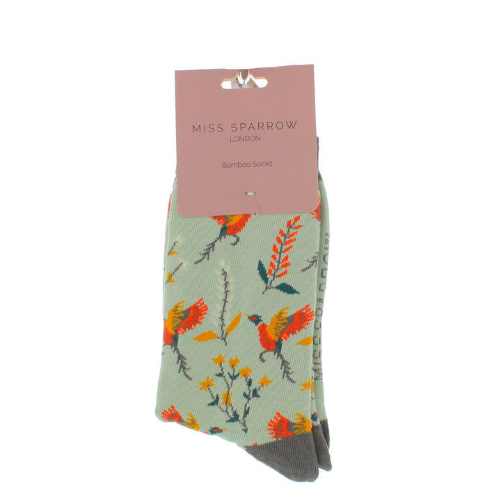 Miss Sparrow Bamboo Pheasants & Flowers Socks (Duck Egg)
