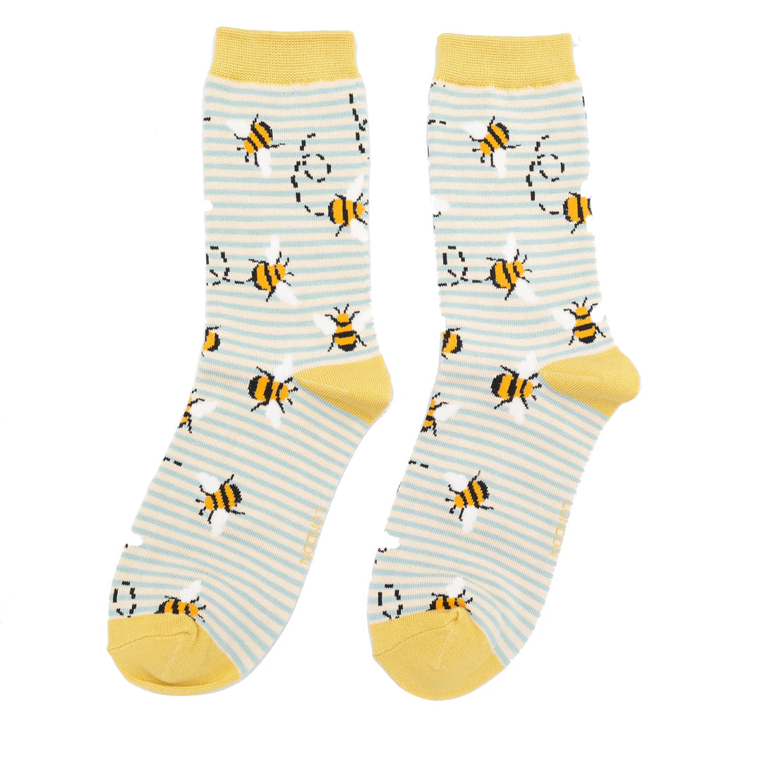 Miss Sparrow Bamboo Socks Bees Stripes (Duck Egg)