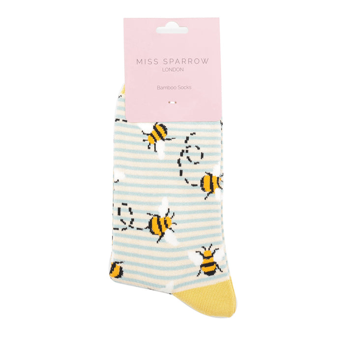 Miss Sparrow Bamboo Socks Bees Stripes (Duck Egg)