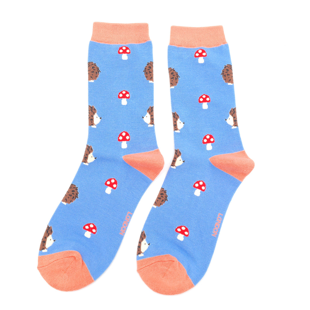Miss Sparrow Bamboo Socks Hedgehogs & Toadstools (Cornflower)