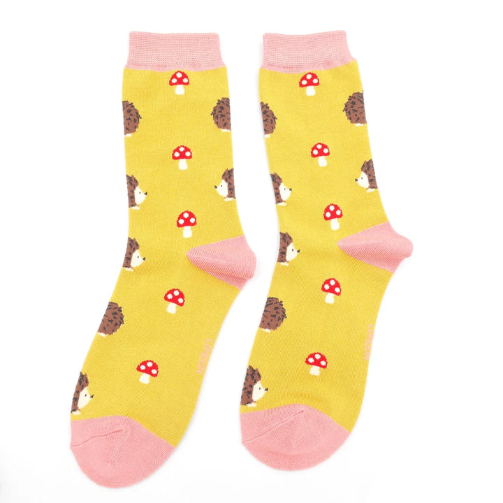 Miss Sparrow Bamboo Socks Hedgehogs & Toadstools (Yellow)