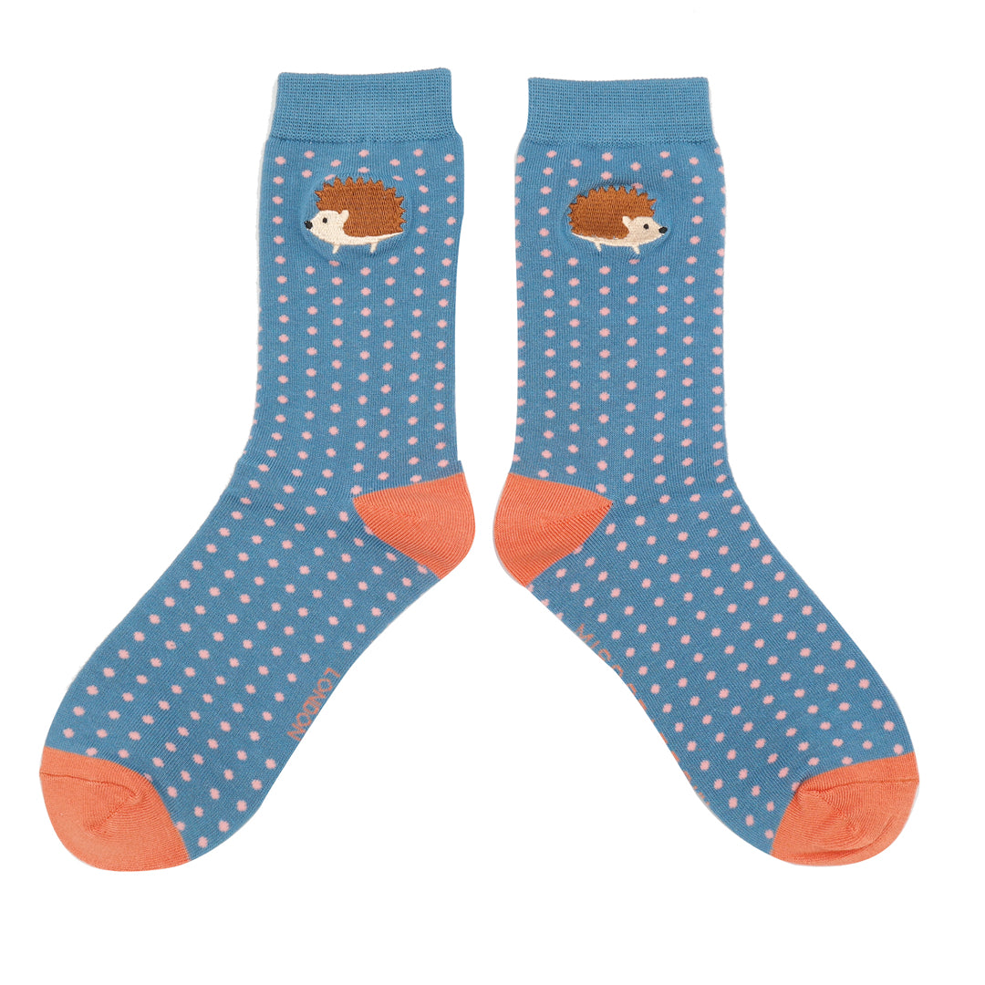 Miss Sparrow Bamboo Socks Embroidered Hedgehog (Denim)