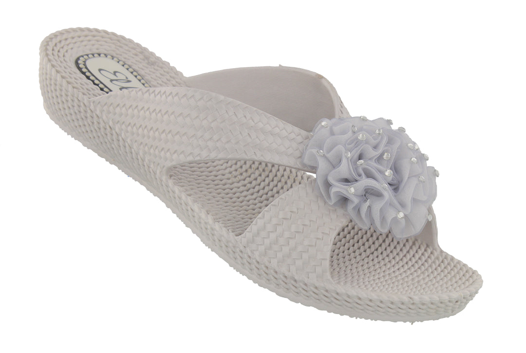 Ella Nicki Flower Low Wedge Slip On Sandals In Silver