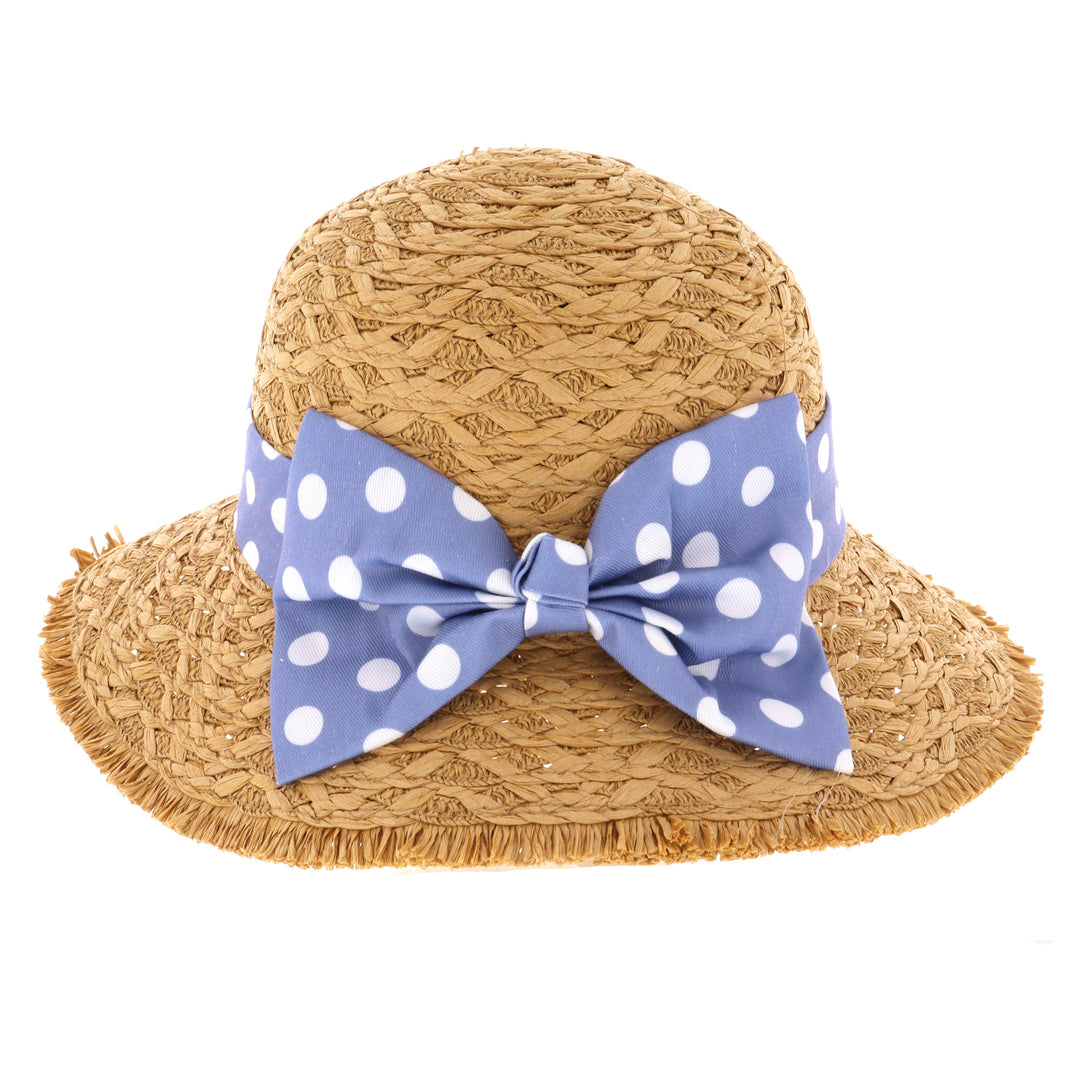 Ladies Summer Straw Sun Hat with Blue Polka Dot Bow Ribbon