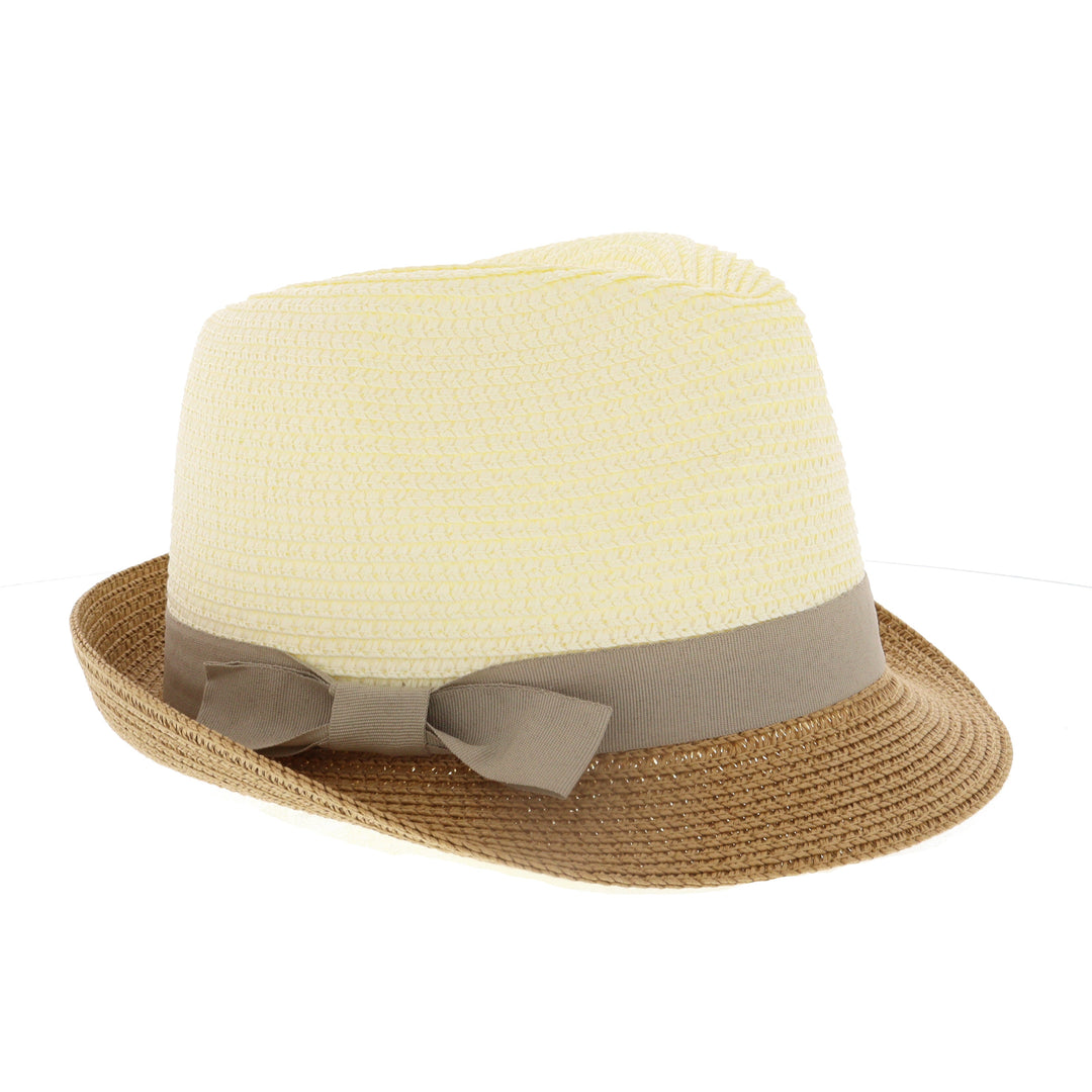 Ladies Summer Contrasting Straw Brim Trilby With Grey Ribbon Band