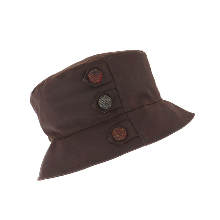 Whiteley Ladies Button Detail Wax Bucket Hat In Chocolate Brown