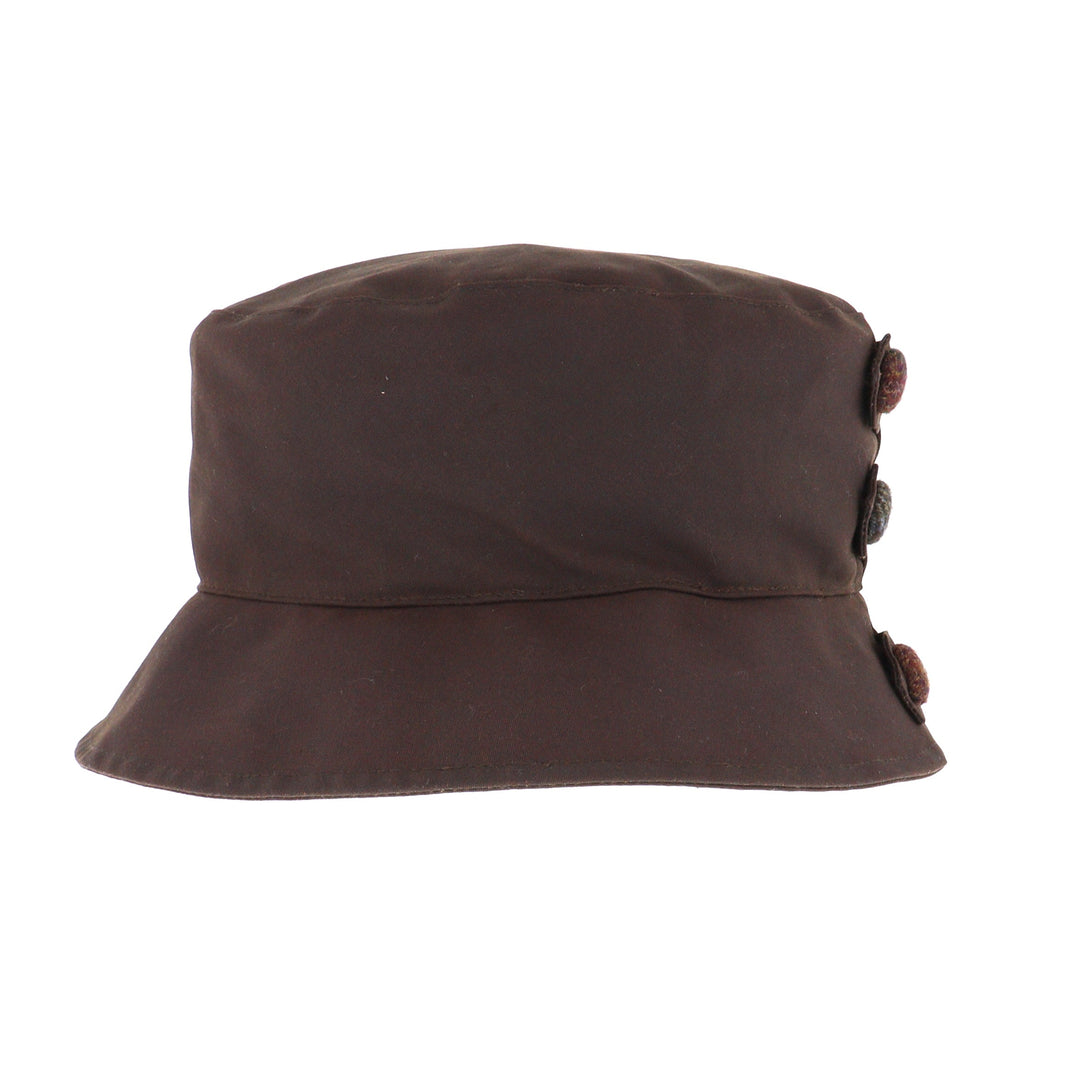 Whiteley Ladies Button Detail Wax Bucket Hat In Chocolate Brown