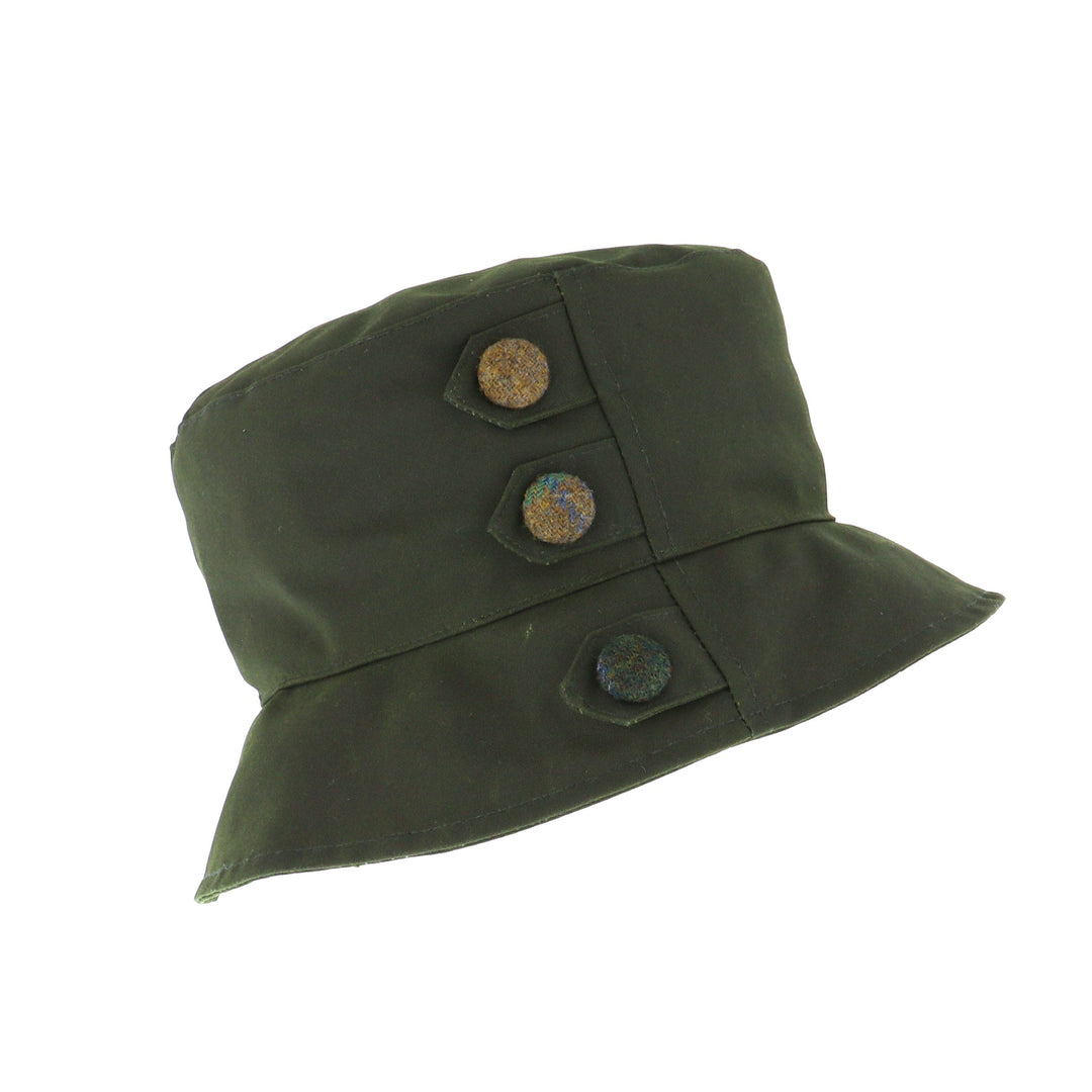 Whiteley Ladies Button Detail Wax Bucket Hat In Olive Green