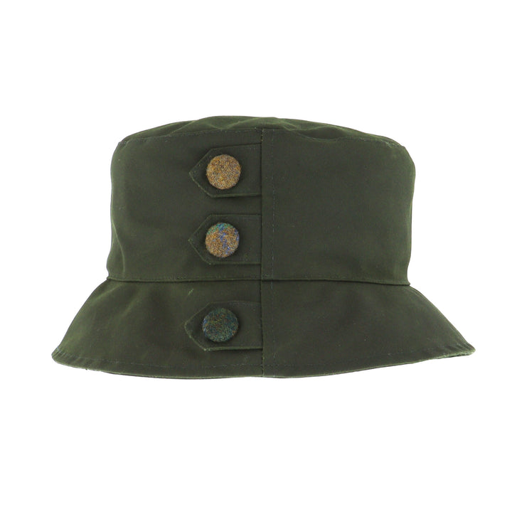 Whiteley Ladies Button Detail Wax Bucket Hat In Olive Green