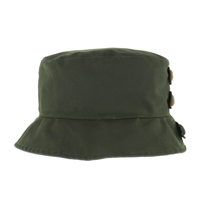 Whiteley Ladies Button Detail Wax Bucket Hat In Olive Green