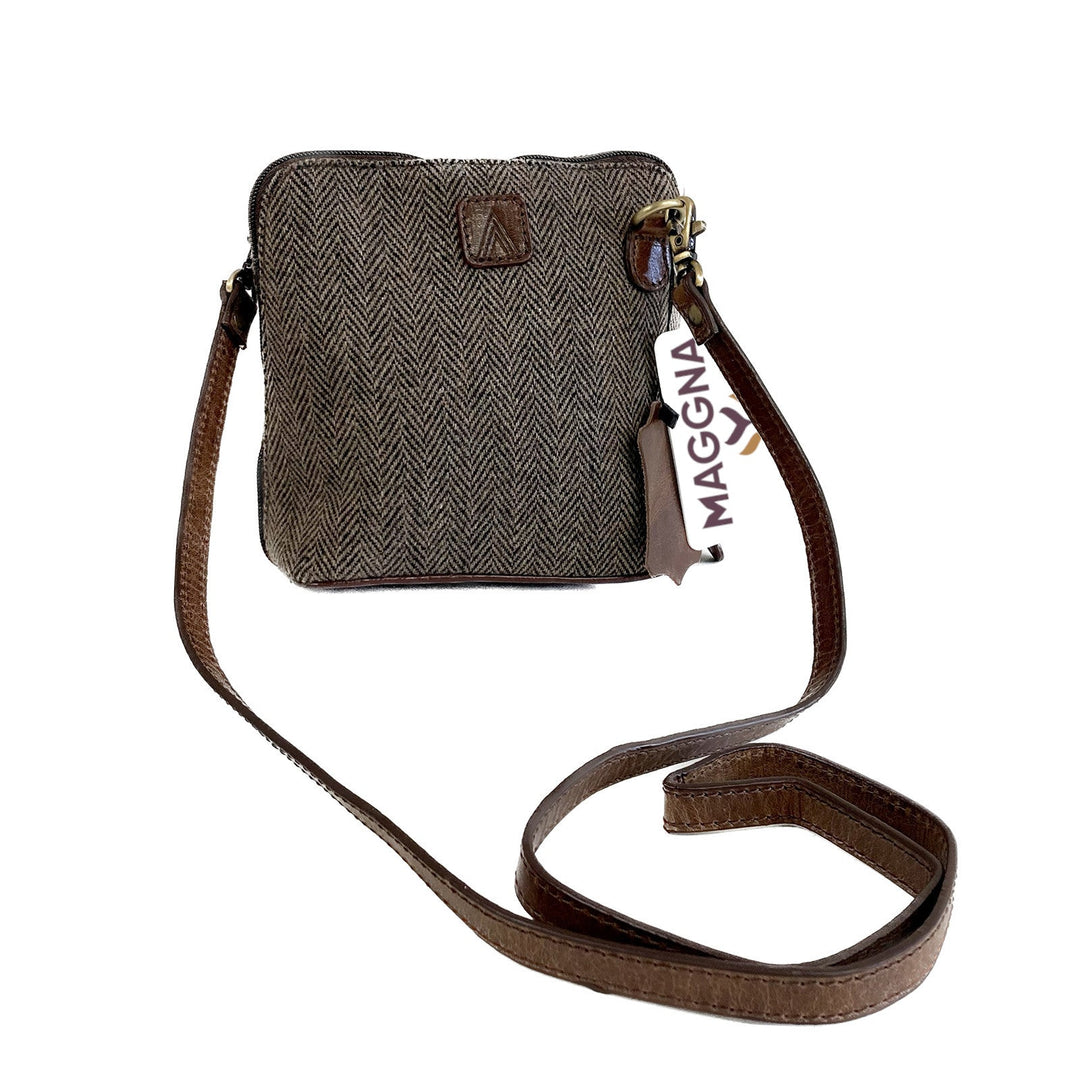 Brown Herringbone Leather & Wool Crossbody Bag