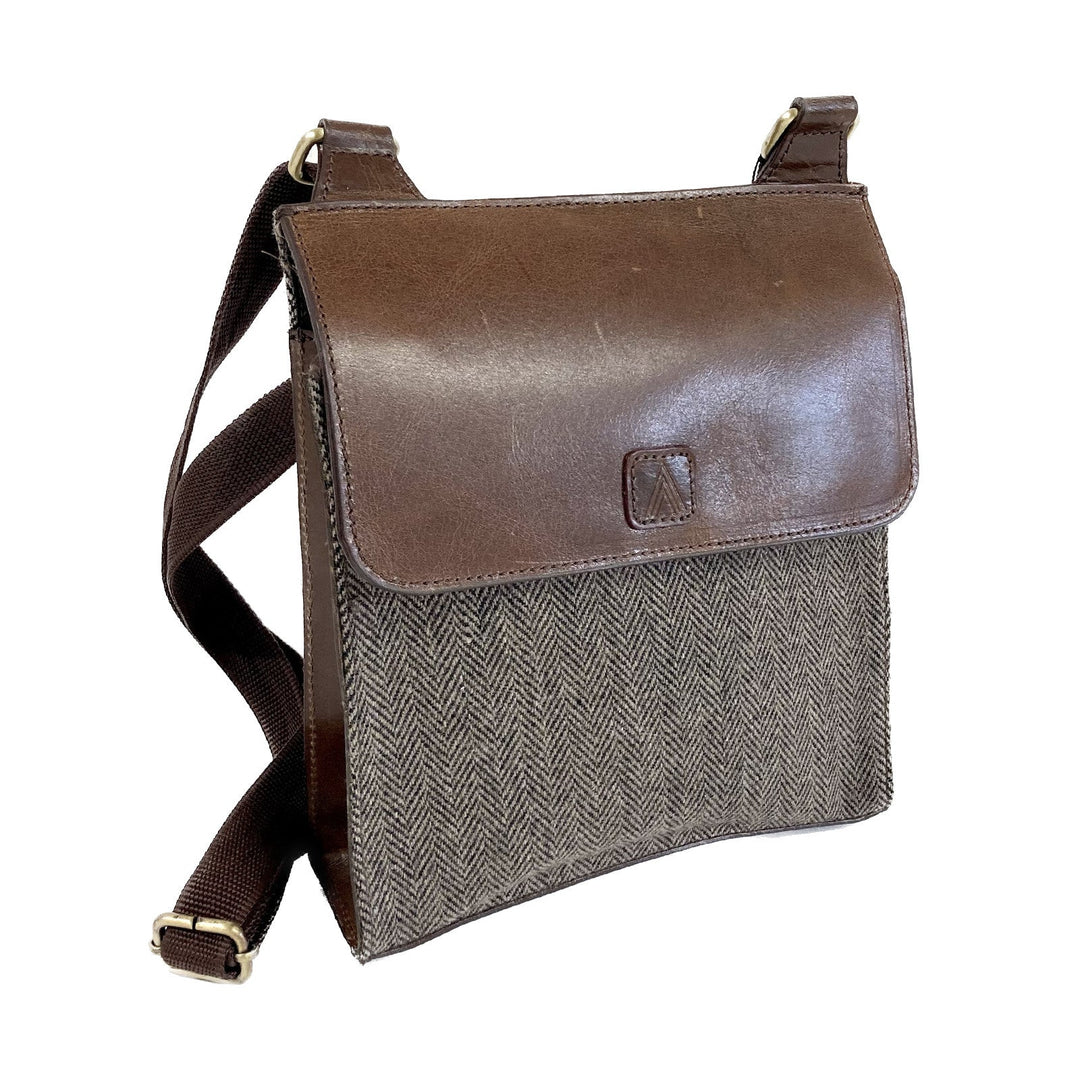 Brown Herringbone Leather & Wool Crossbody Fold Over Top Bag