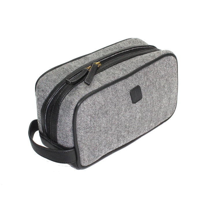 Wool & Leather Trim Washbag Grey Herringbone