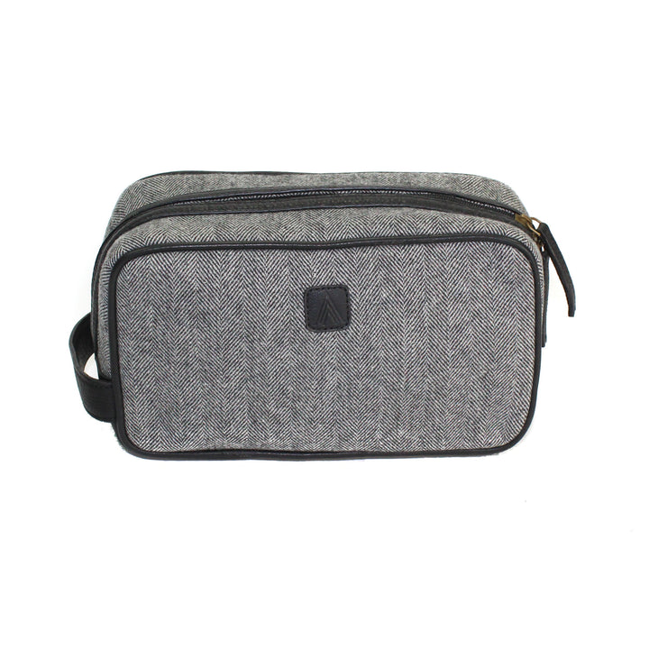 Wool & Leather Trim Washbag Grey Herringbone