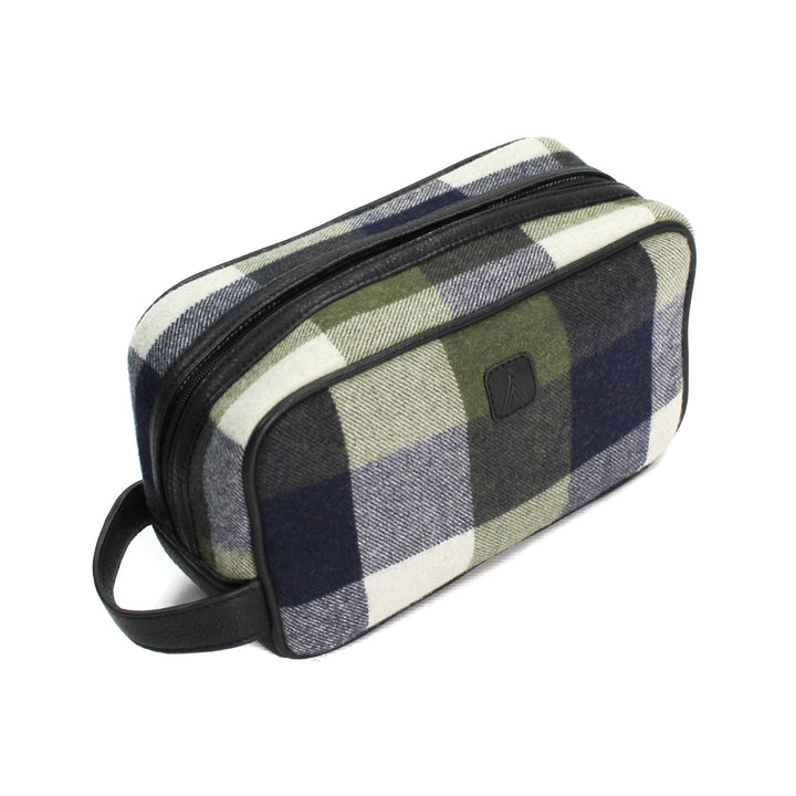 Green & Blue Check Wool & Leather Trim Washbag