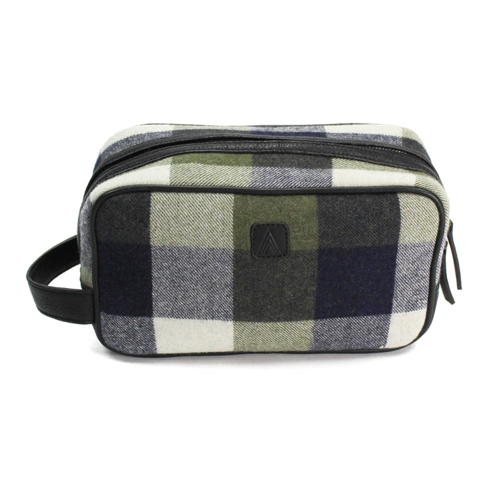 Green & Blue Check Wool & Leather Trim Washbag