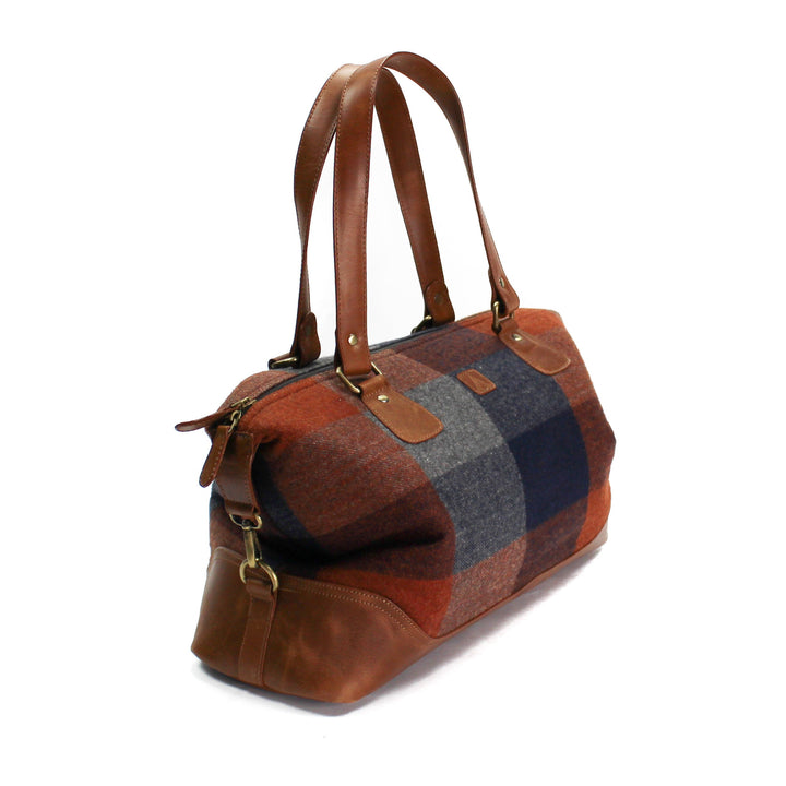 Rust Check & Tan Leather Travel Overnight Bag