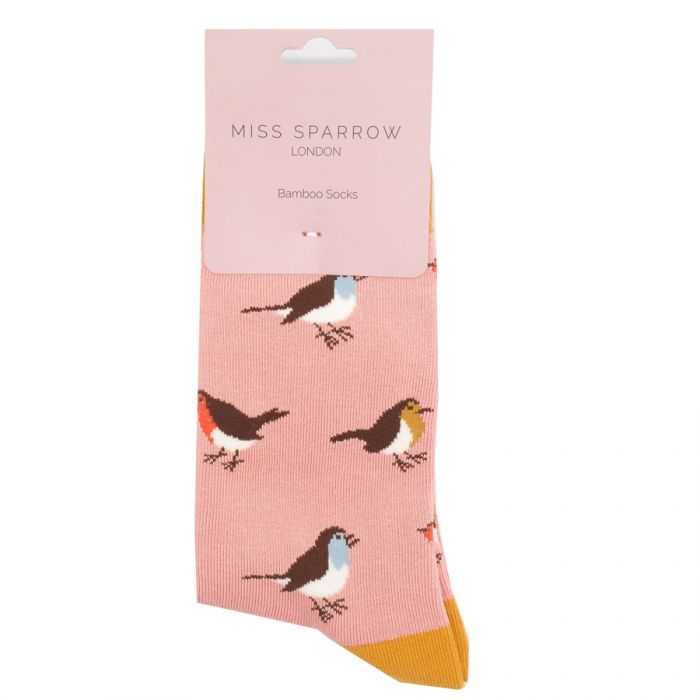 Miss Sparrow Bamboo Socks Robins (Dusky Pink)