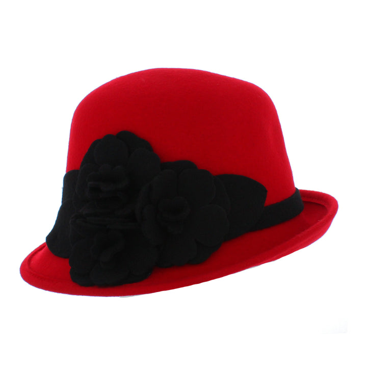 Red With Black Flower Wool Cloche Hat From Fischer Accessories DB5072